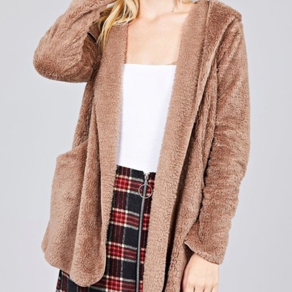 Burgundy OPEN FRONT FAUX FUR JACKET- Hoodie - Picture 4 of 4